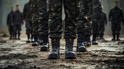 Marching army of men in uniform and boots close up - obrazy, fototapety, plakaty