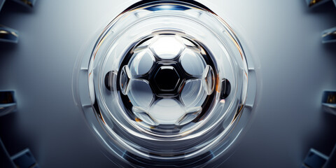 Concept of a futuristic soccer or football ball on glass  wall.
