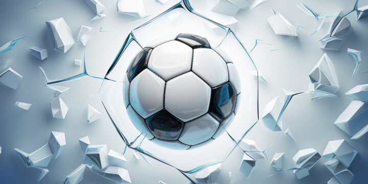 Concept of a futuristic soccer or football ball on broken white wall.