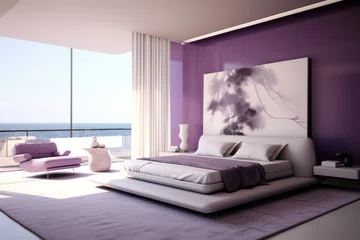 Fotobehang Photo of minimal bedroom interior design with bed and modern decoration chinese violet colors © LFK