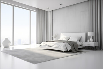 Photo of minimal bedroom interior design with bed and modern decoration white colors - obrazy, fototapety, plakaty