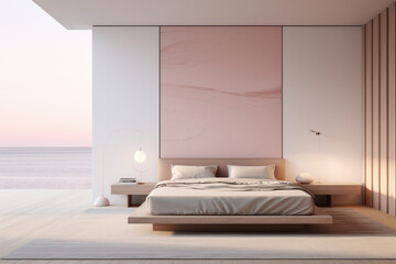 Photo of minimal light colored bedroom interior with bed and modern decoration