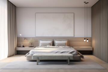 Photo of modern minimal bedroom interior with bed and decoration in brown tones