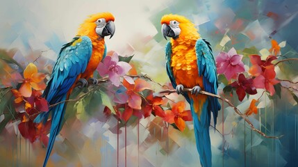 Tropical Paradise: Lush tropical foliage, exotic flowers, and colorful parrots create a lively and energetic summer painting.