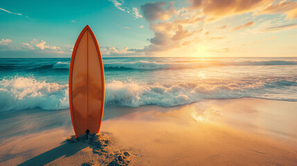 A surfboard stands on the beach.