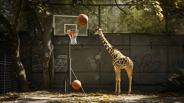 Action photograph of jiraffe playing basketball Animals. Sports