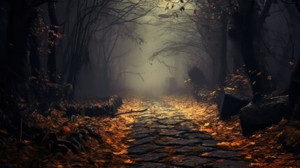 Obraz premium Autumn forest with fog and sunlight Beautiful nature background Fall season