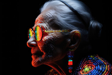 Obraz premium Photo of old woman with his face illuminated by bright neon lights