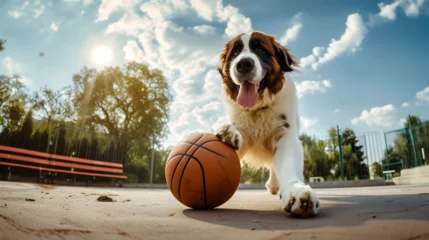 Foto op Plexiglas Action photograph of saint bernard dog playing basketball Animals. Sports © MadSwordfish