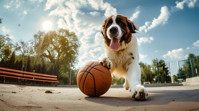 Action photograph of saint bernard dog playing basketball Animals. Sports