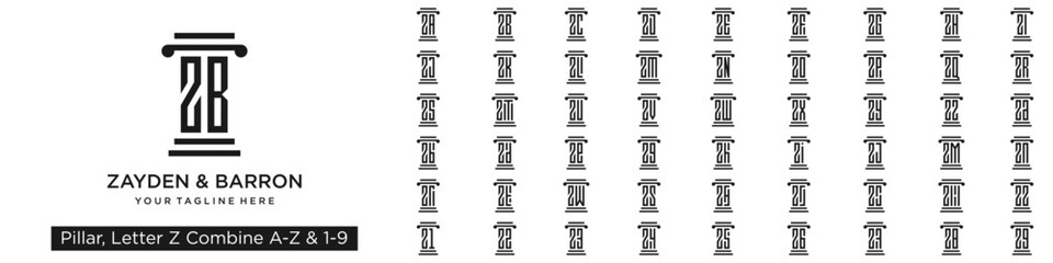 set of pillar logo design combined letter Z with A to Z and numbers from 1 to 9. vector illustration