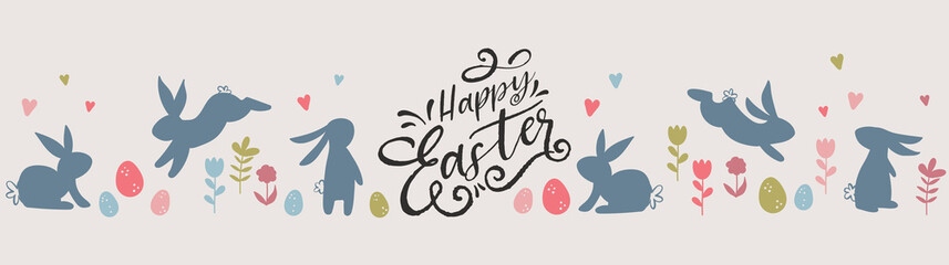 Cute hand drawn Easter horizontal seamless pattern with bunnies, flowers, easter eggs, beautiful background, great for Easter Cards, banner, textiles, wallpapers - vector design