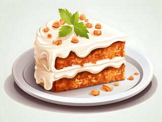 Illustration of a piece of carrot cake with buttercream on a plate, white background 