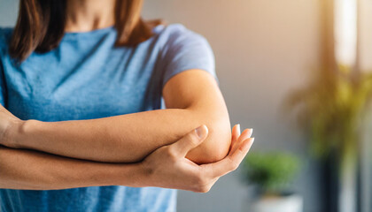 woman's elegant elbow, gracefully holding open skin in a pristine studio background in pain, emphasizing beauty and vulnerability