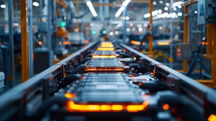 Mass production assembly line of electric vehicle battery cells. Close-up view. Automation, industry, production, manufacture and factory background. - obrazy, fototapety, plakaty