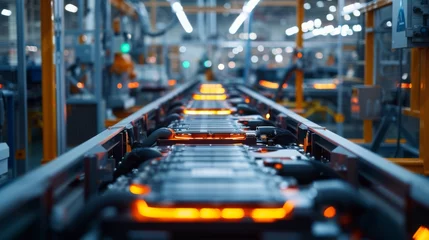 Fotobehang Mass production assembly line of electric vehicle battery cells. Close-up view. Automation, industry, production, manufacture and factory background. © radekcho
