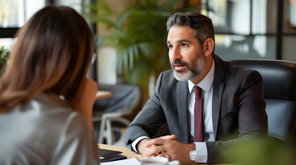 A lawyer listening attentively to a client's concerns during a meeting in a comfortable office setting, emphasizing empathy and client-focused communication.
