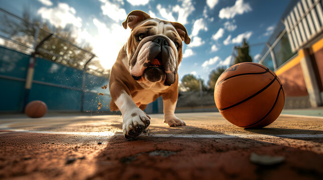 Action photograph of english bulldog playing basketball Animals. Sports