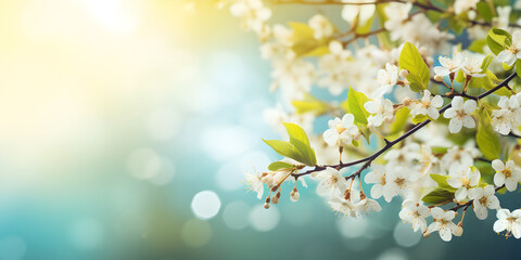 Obraz premium Blooming apple tree branch against defocused sunny nature background. Spring banner. Copy space. AI generated illustration