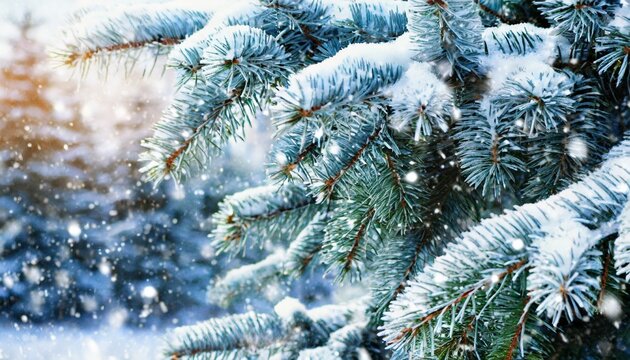 snow fall in winter forest christmas new year magic blue spruce fir tree branches detail banner image