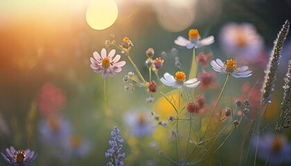 Obraz na płótnie Canvas art wild flowers in a meadow at sunset macro image shallow depth of field abstract august summer nature background