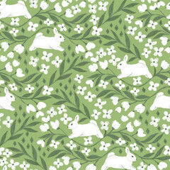 Seamless pattern with cute bunnies jumping on the spring meadow