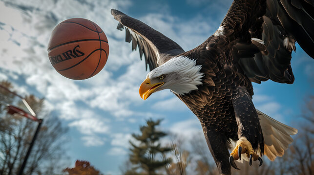 Action photograph of eagle playing basketball Animals. Sports