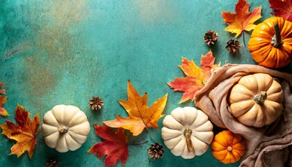 autumn thanksgiving background pumpkins and maple leaves on turquoise table top view