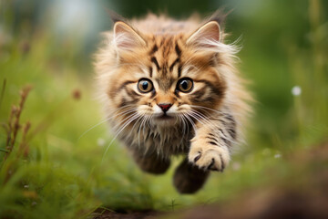 Naklejka na ściany i meble Photo of surprised cute cat running to camera