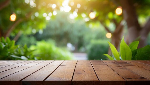 wooden table top on blur background of green garden with bokeh sunlight high quality photo