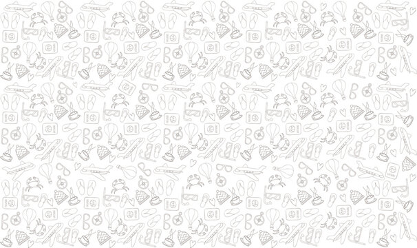 World's tourism day. Travel seamless pattern, vacation doodle journey drawn line icons on white background. Traveling icons. Used for traveling backgrounds, posts, wrapping paper, fabrics. Editable