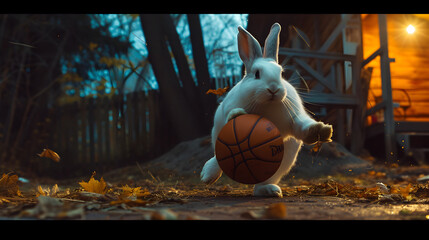 Action photograph of white rabbit playing basketball Animals. Sports