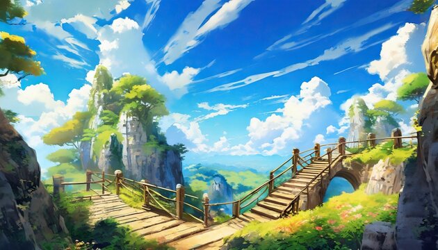 wide angle japanese anime landscape background clear sky with dynamic cloud secret fairytale sacred cave beautiful scenery