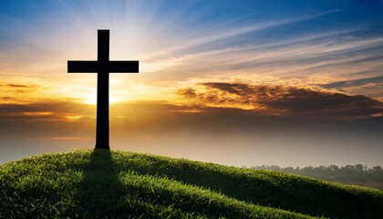 silhouette christian cross on grass in sunrise - obrazy, fototapety, plakaty