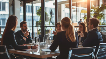 A group of lawyers collaborating in a law firm conference room, brainstorming and discussing strategies, highlighting teamwork in the legal profession.