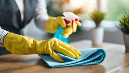 female cleaner's hands in gloves, symbolizing diligence and dedication in household cleaning tasks