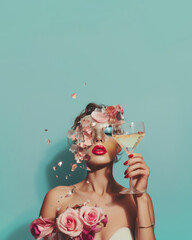 Portrait of a beautiful woman with a glass with cocktail or champagne and rose flowers