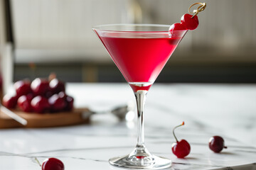 cocktail with cherry. Cold cocktail with a cherry in martini glass. Cold alcoholic cocktail. Cocktail drink. Cherry martini. Manhattan Cocktail With Maraschino Cherry, Ice.