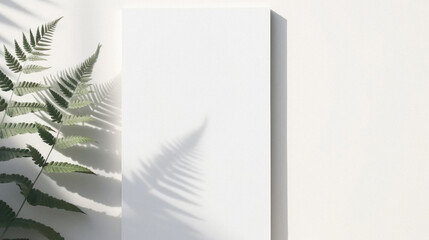 White box mock up with fern leaf shadow on white wall .