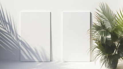 Two vertical white books mockup with palm leaf shadows on white wall .