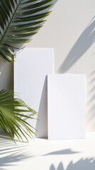 Mockup of a white sheet of paper on a white background with palm leaves