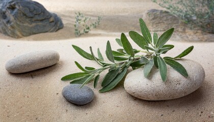 Fototapeta na wymiar natural harmony sage twig and pebble rocks on sand serene botanical background