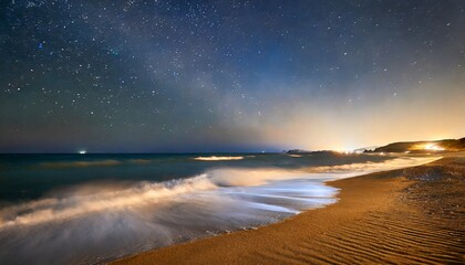 sea waves rolling onto sandy beach under starry sky at night