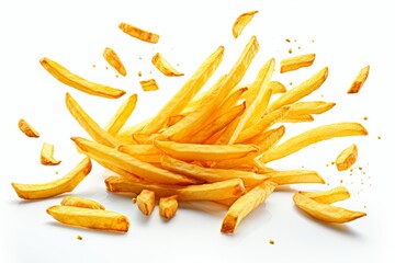 Crispy French fries, set against a pristine white backdrop, stand alone in their golden perfection, tempting with their irresistible crunchiness.