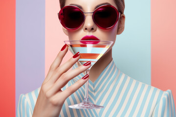 Portrait of beautiful lady with a glass of a cocktail on striped background.