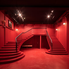 a red room with light with a stage and stairs in front of the vue red decoration, dark