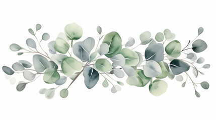 Floral green watercolor wedding element. Botanical composition of leaf branches, eucalyptus. Elegant foliage design element for bridal shower, birthday card, baby shower, wallpaper - obrazy, fototapety, plakaty