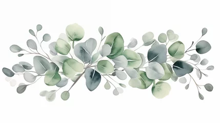 Fotobehang Floral green watercolor wedding element. Botanical composition of leaf branches, eucalyptus. Elegant foliage design element for bridal shower, birthday card, baby shower, wallpaper © alesia0604