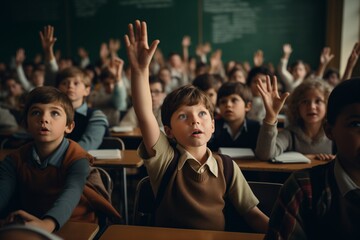group of pupils at school with their hands raised and the blackboard in the background - obrazy, fototapety, plakaty