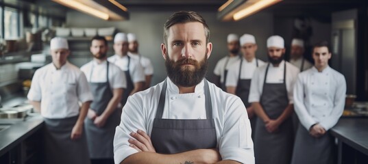 Portrait of chef standing with his team on background in commercial kitchen at restaurant.